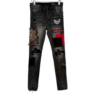 GFTO Distressed Patchwork Snake Embroidered Jeans 32 Black Streetwear LA